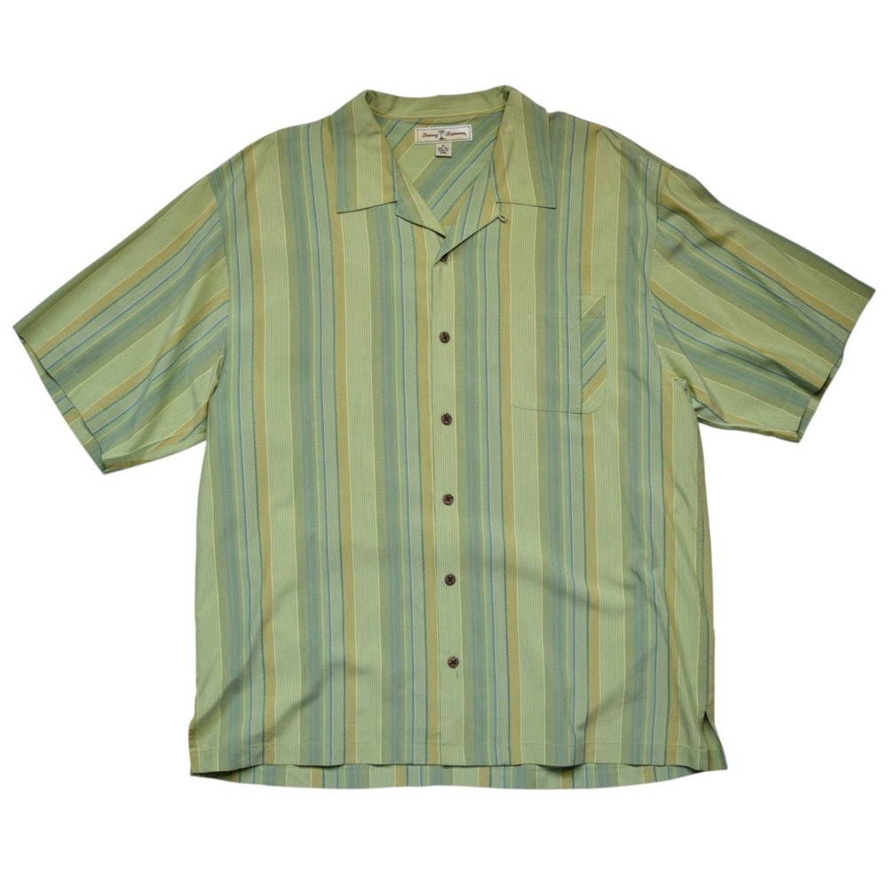 Tommy Bahama Mens XL Tonal‎ Green Stripe Silk SS Camp Shirt Hawaiian Beach
